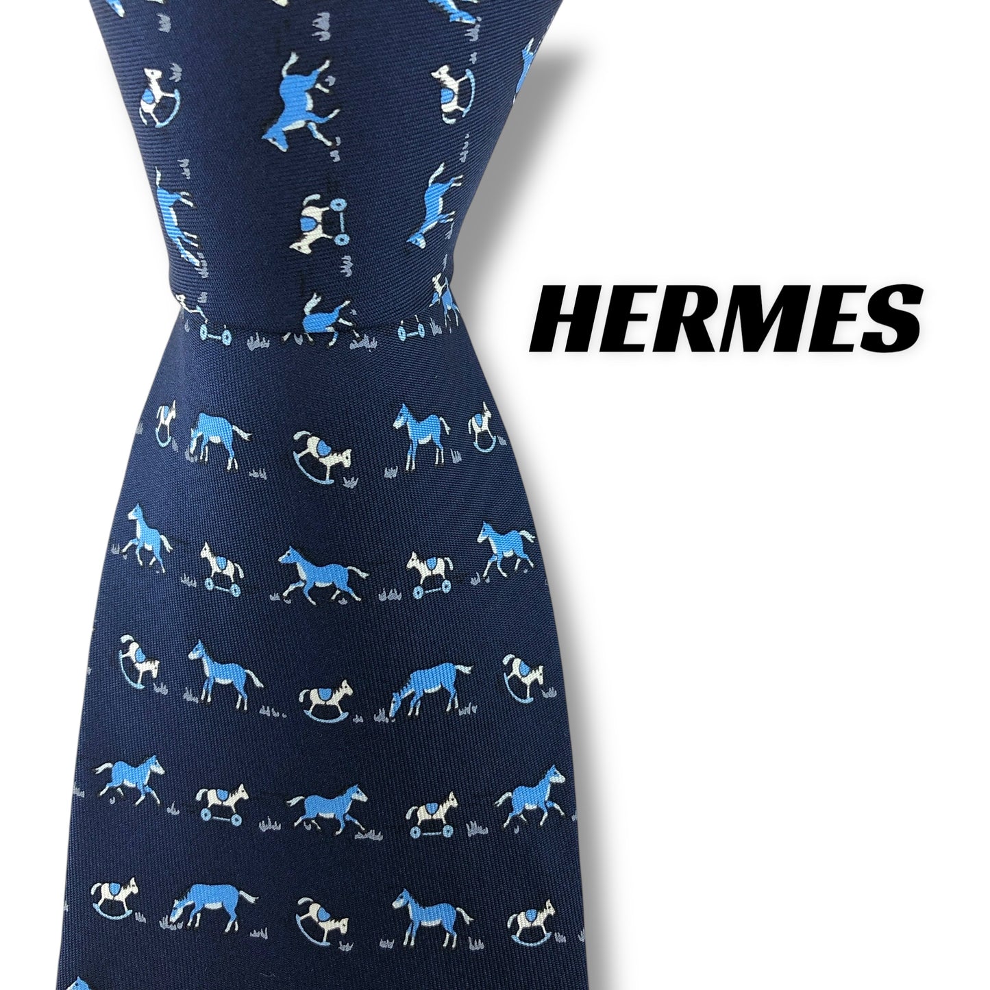 【7554】美品！エルメス　ネクタイ　ネイビー系　馬柄