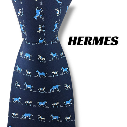 【7554】美品！エルメス　ネクタイ　ネイビー系　馬柄