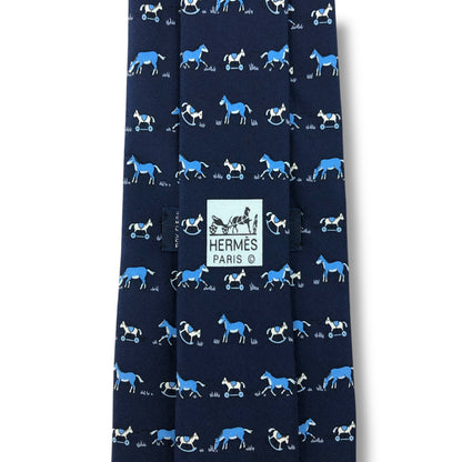 【7554】美品！エルメス　ネクタイ　ネイビー系　馬柄
