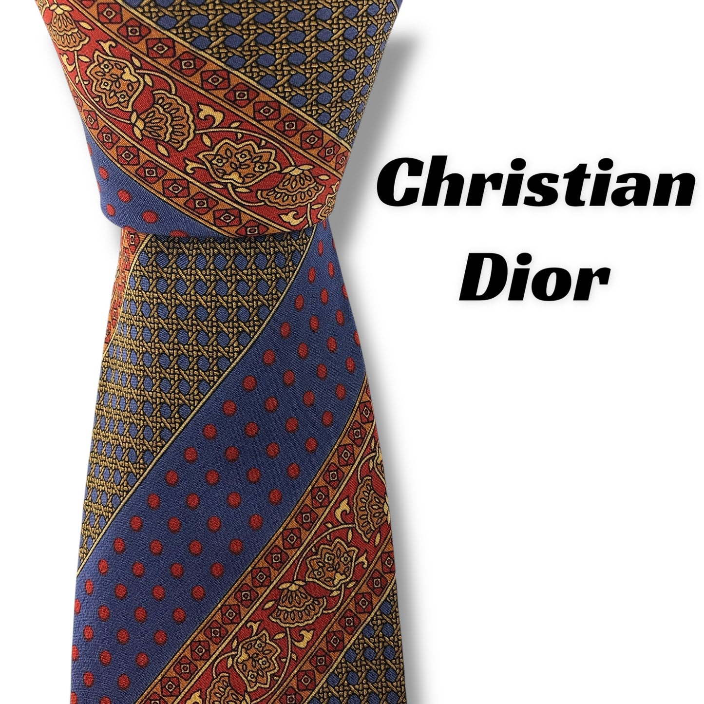 【7566】美品ー良品！クリスチャンディオール　ネクタイ　ブルー系　レッド系