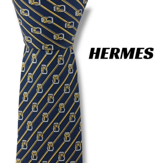 【7575】良品！エルメス　ネクタイ　ネイビー系