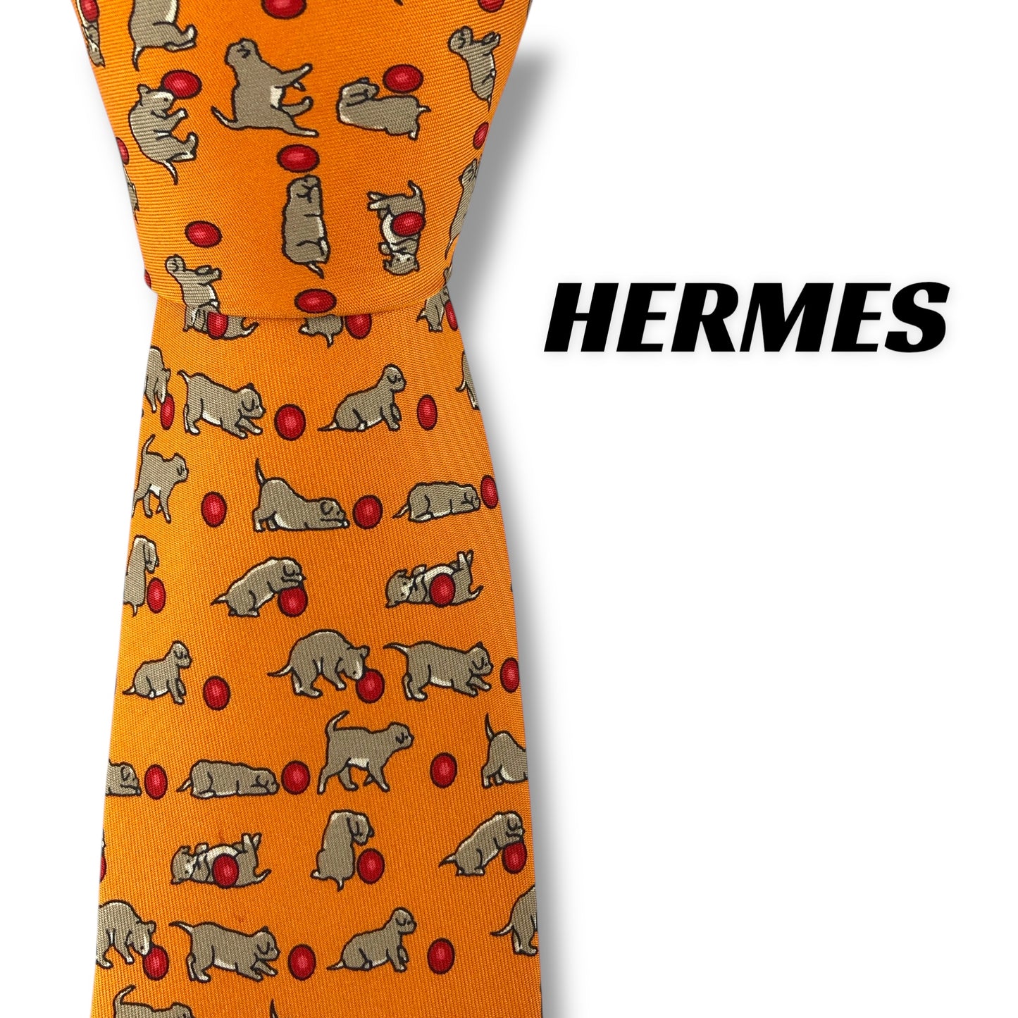 【7576】良品！エルメス　ネクタイ　オレンジ系　犬柄