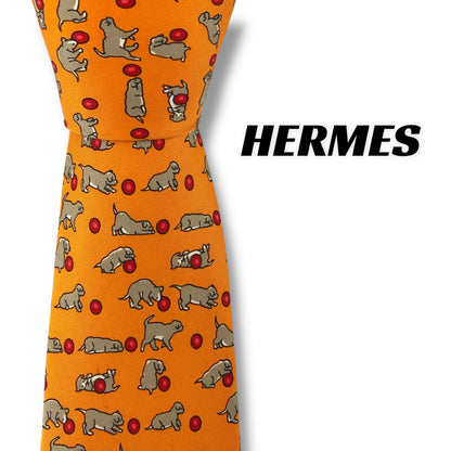 【7576】良品！エルメス　ネクタイ　オレンジ系　犬柄