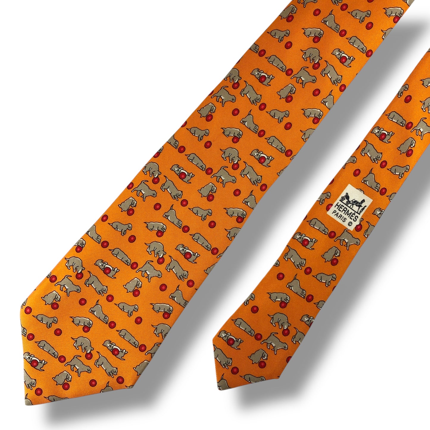 【7576】良品！エルメス　ネクタイ　オレンジ系　犬柄
