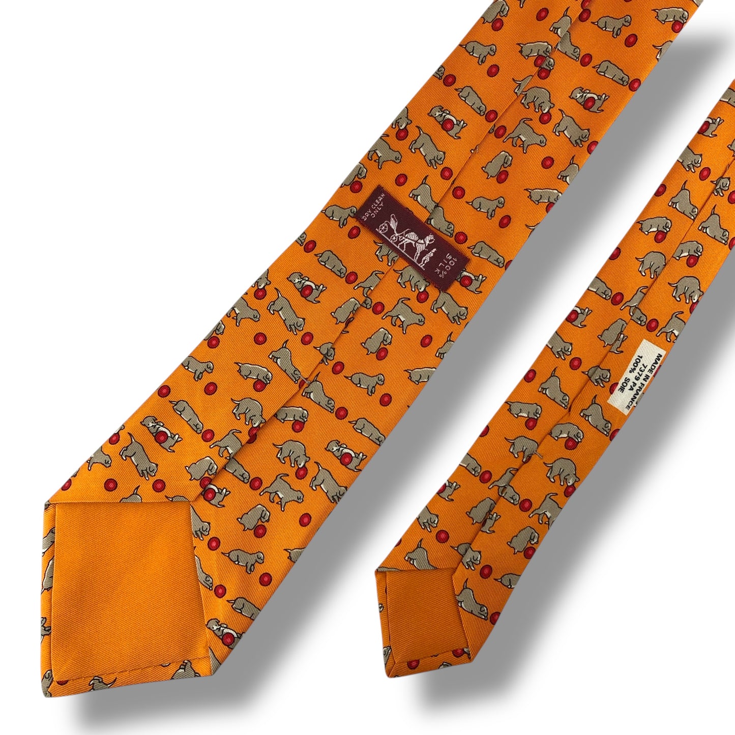【7576】良品！エルメス　ネクタイ　オレンジ系　犬柄