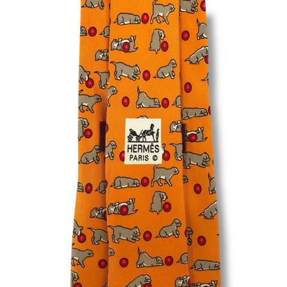 【7576】良品！エルメス　ネクタイ　オレンジ系　犬柄