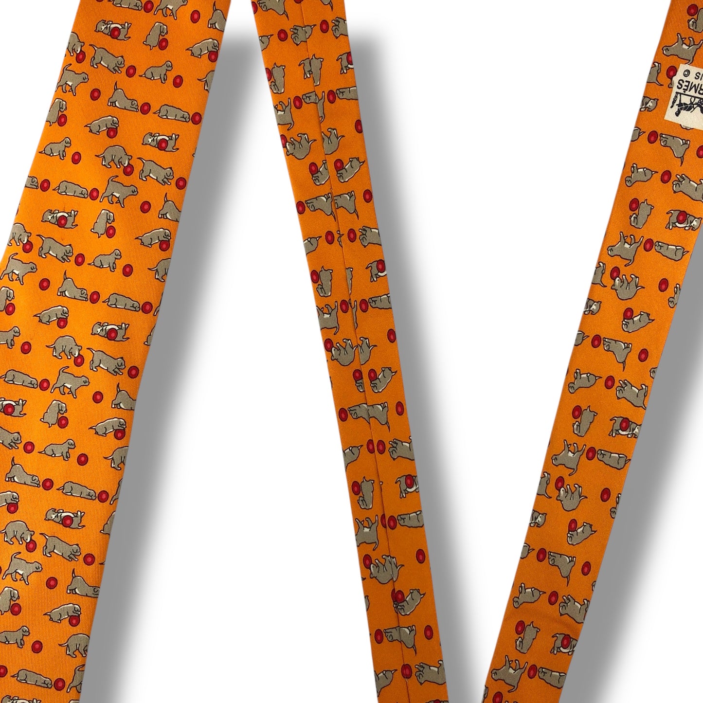 【7576】良品！エルメス　ネクタイ　オレンジ系　犬柄