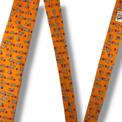 【7576】良品！エルメス　ネクタイ　オレンジ系　犬柄