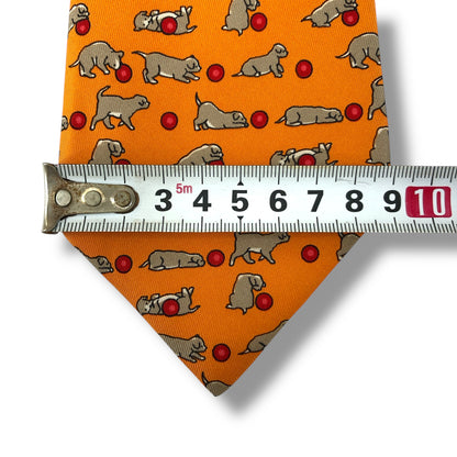 【7576】良品！エルメス　ネクタイ　オレンジ系　犬柄