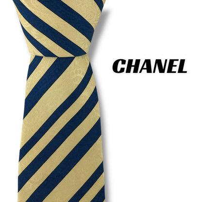 【7578】良品！シャネル　ネクタイ　ゴールド系　ストライプ柄系