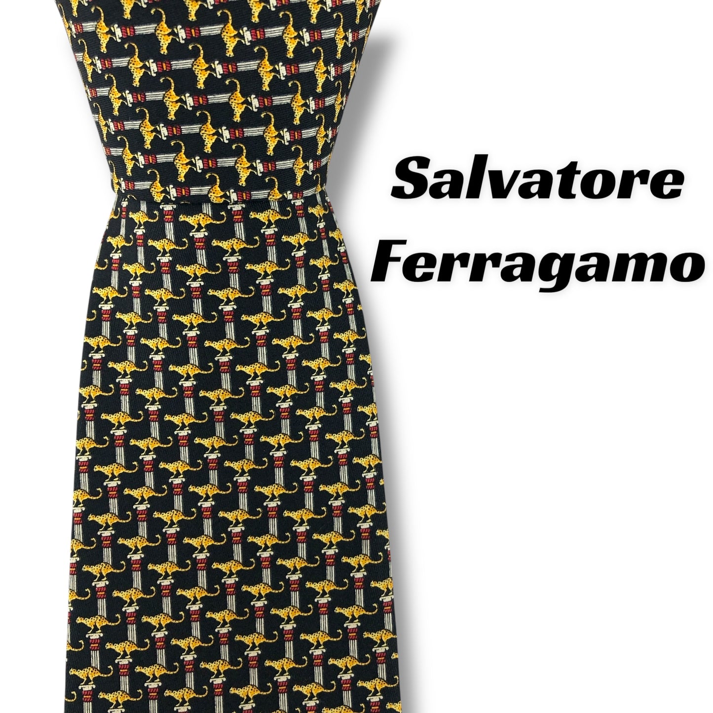 【7584】良品！サルヴァトーレフェラガモ　ネクタイ　ブラック系　ヒョウ柄