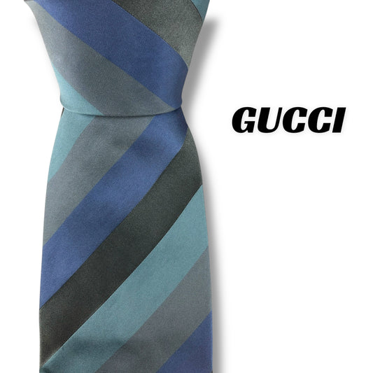 【7593】良品！グッチ　ネクタイ　水色系　ストライプ柄
