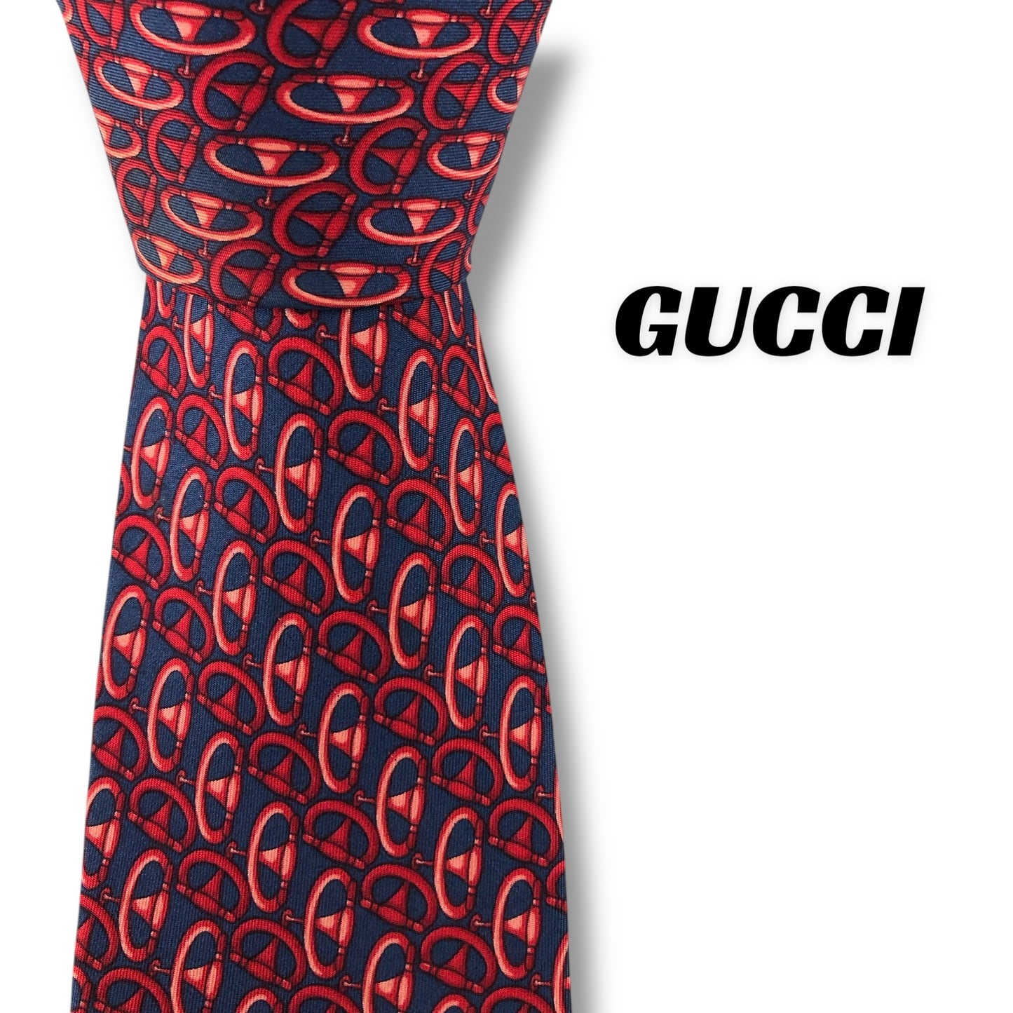 【7603】良品！グッチ　ネクタイ　レッド系　ネイビー系