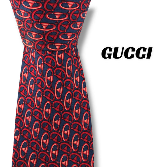 【7603】良品！グッチ　ネクタイ　レッド系　ネイビー系