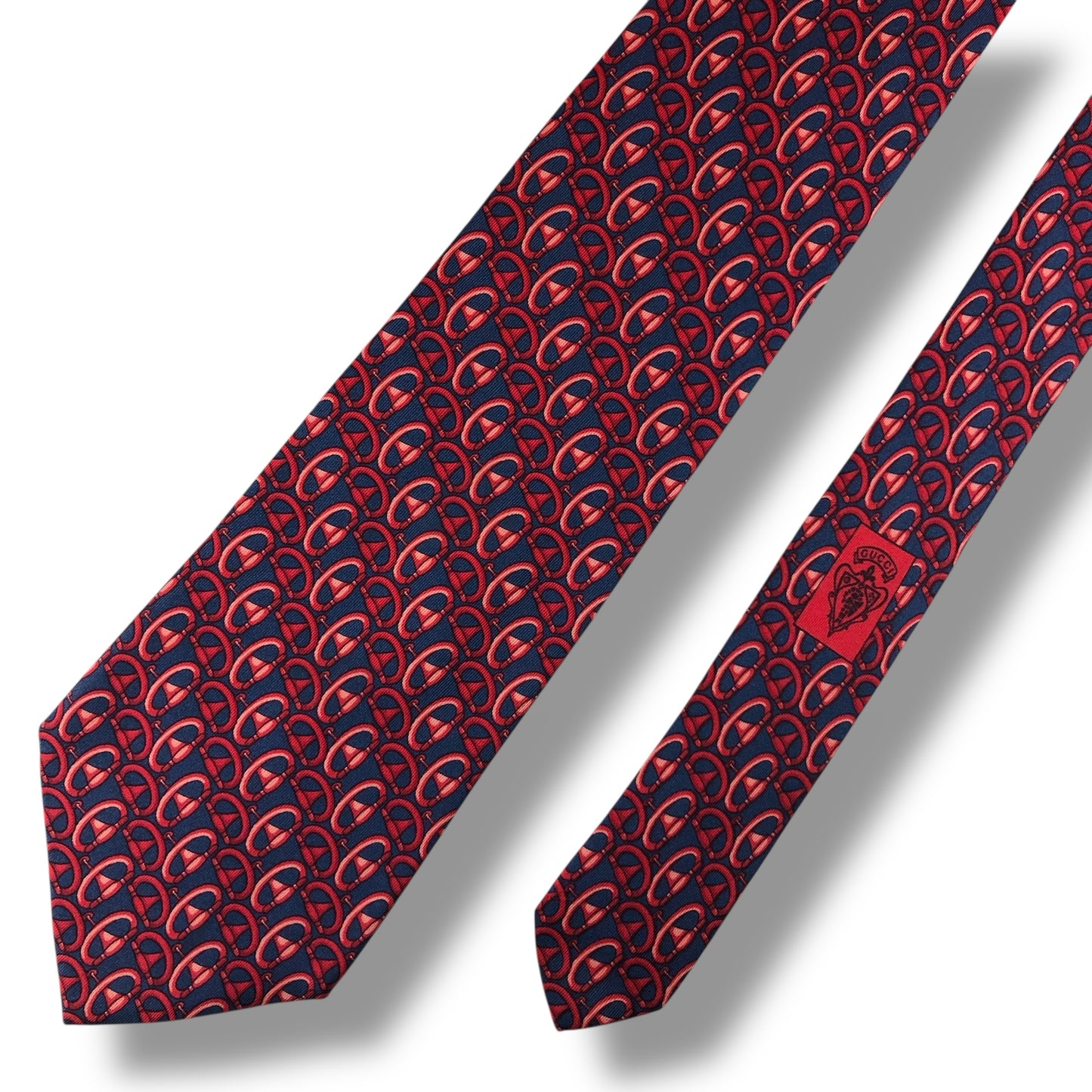 【7603】良品！グッチ　ネクタイ　レッド系　ネイビー系