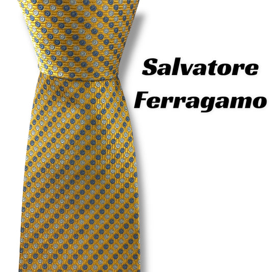 【7607】美品！フェラガモ　ネクタイ　イエロー・ゴールド系　ドット柄