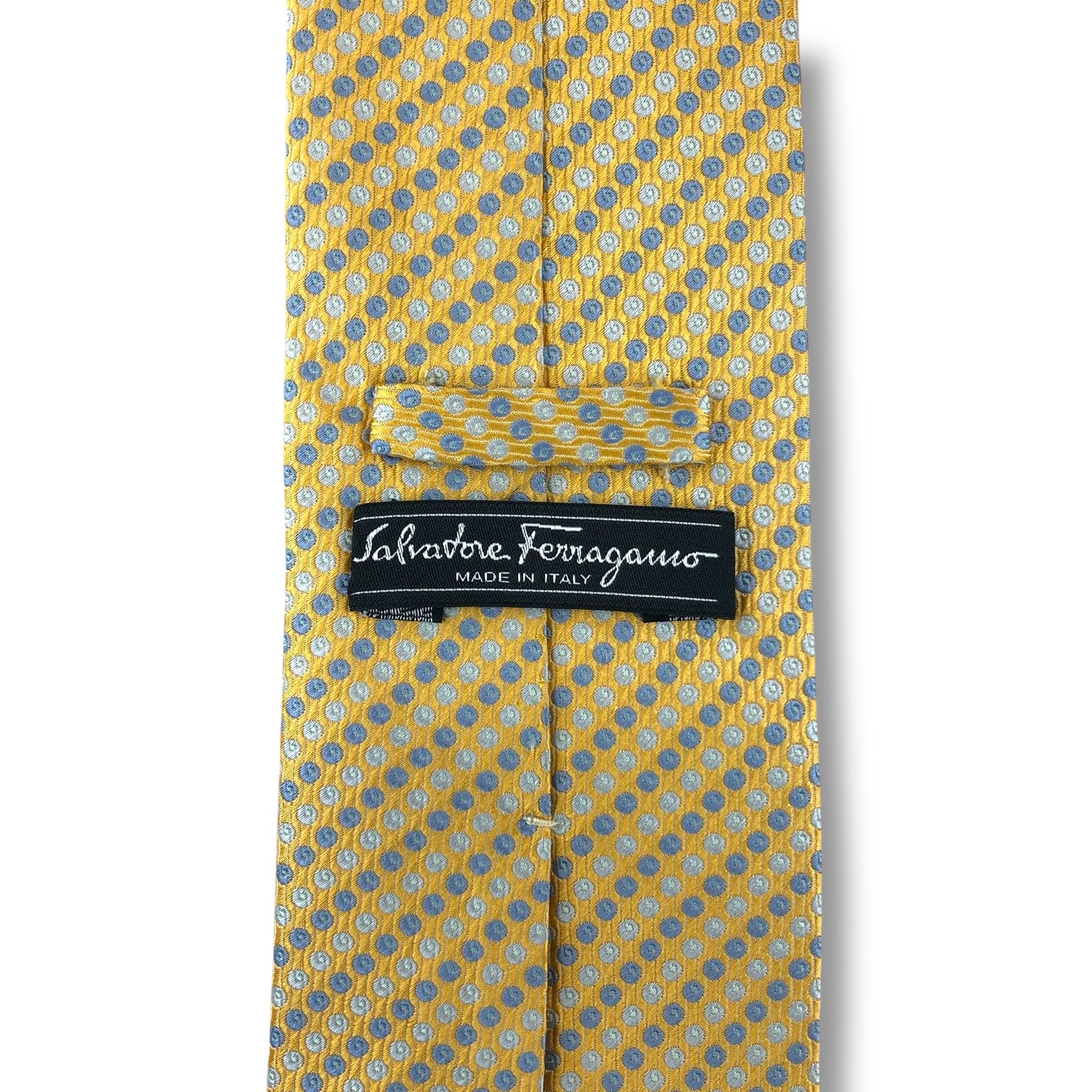 【7607】美品！フェラガモ　ネクタイ　イエロー・ゴールド系　ドット柄