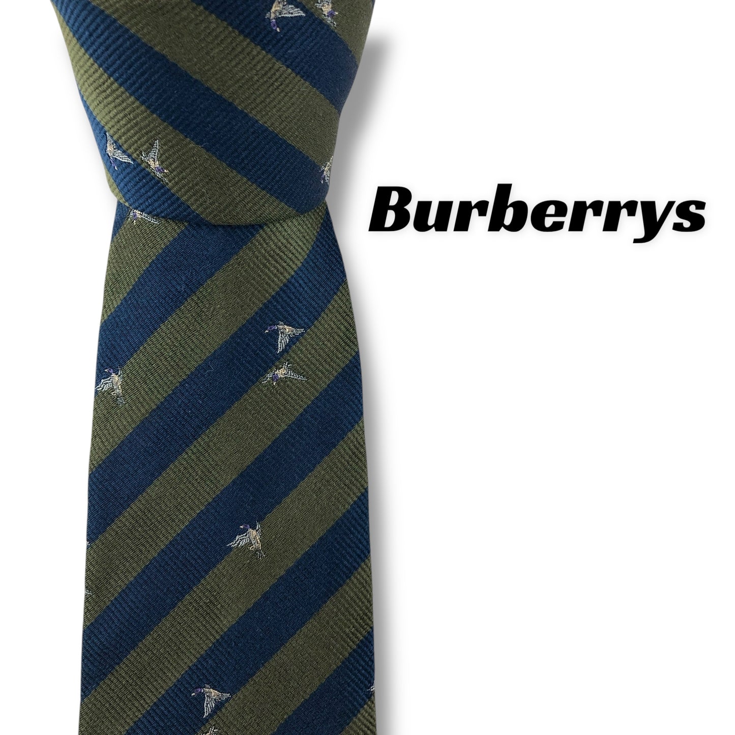 【7615】良品！バーバリー　ネクタイ　緑、青系　ストライプ柄