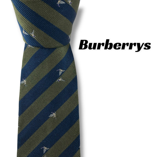 【7615】良品！バーバリー　ネクタイ　緑、青系　ストライプ柄