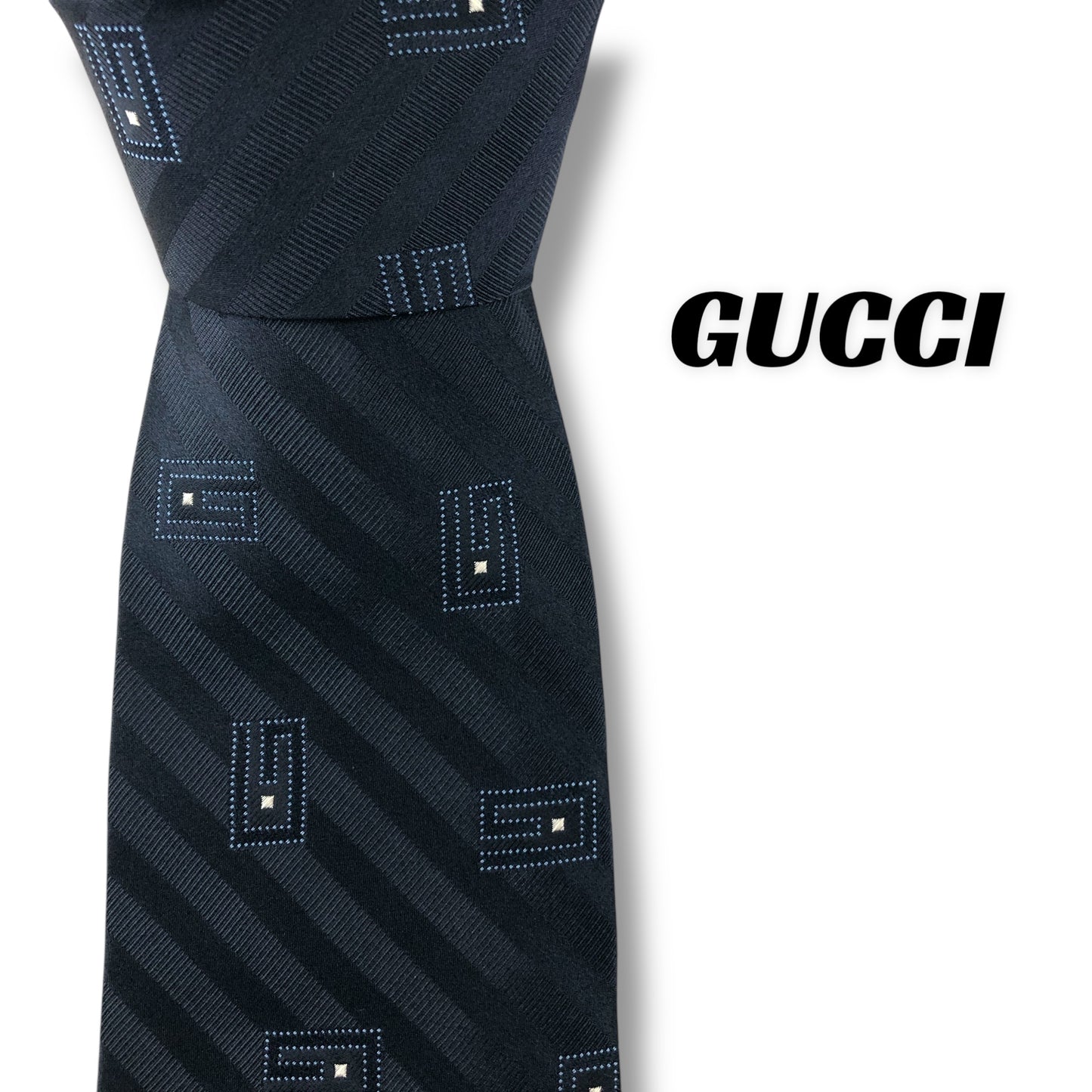 【7621】美品ー良品！グッチ　ネクタイ　ネイビー系　G柄