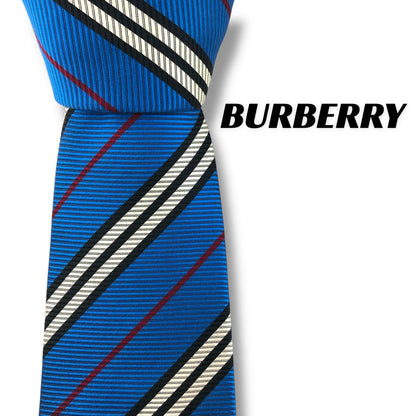 【7648】良品！バーバリー　ネクタイ　ブルー系　ストライプ柄