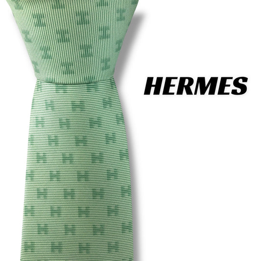 【7655】美品！エルメス　ネクタイ　ライトグリーン系