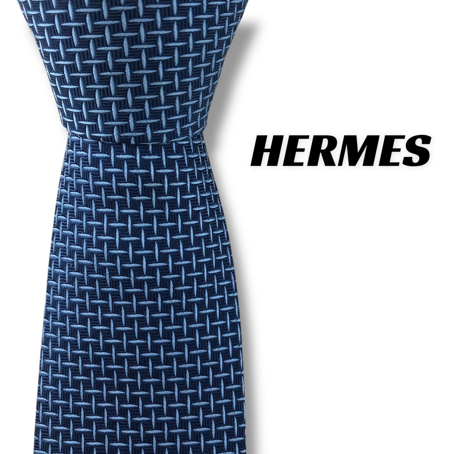 【7656】美品ー良品！エルメス　ネクタイ　ブルー系　H柄