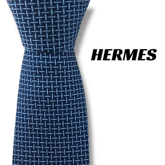 【7656】美品ー良品！エルメス　ネクタイ　ブルー系　H柄