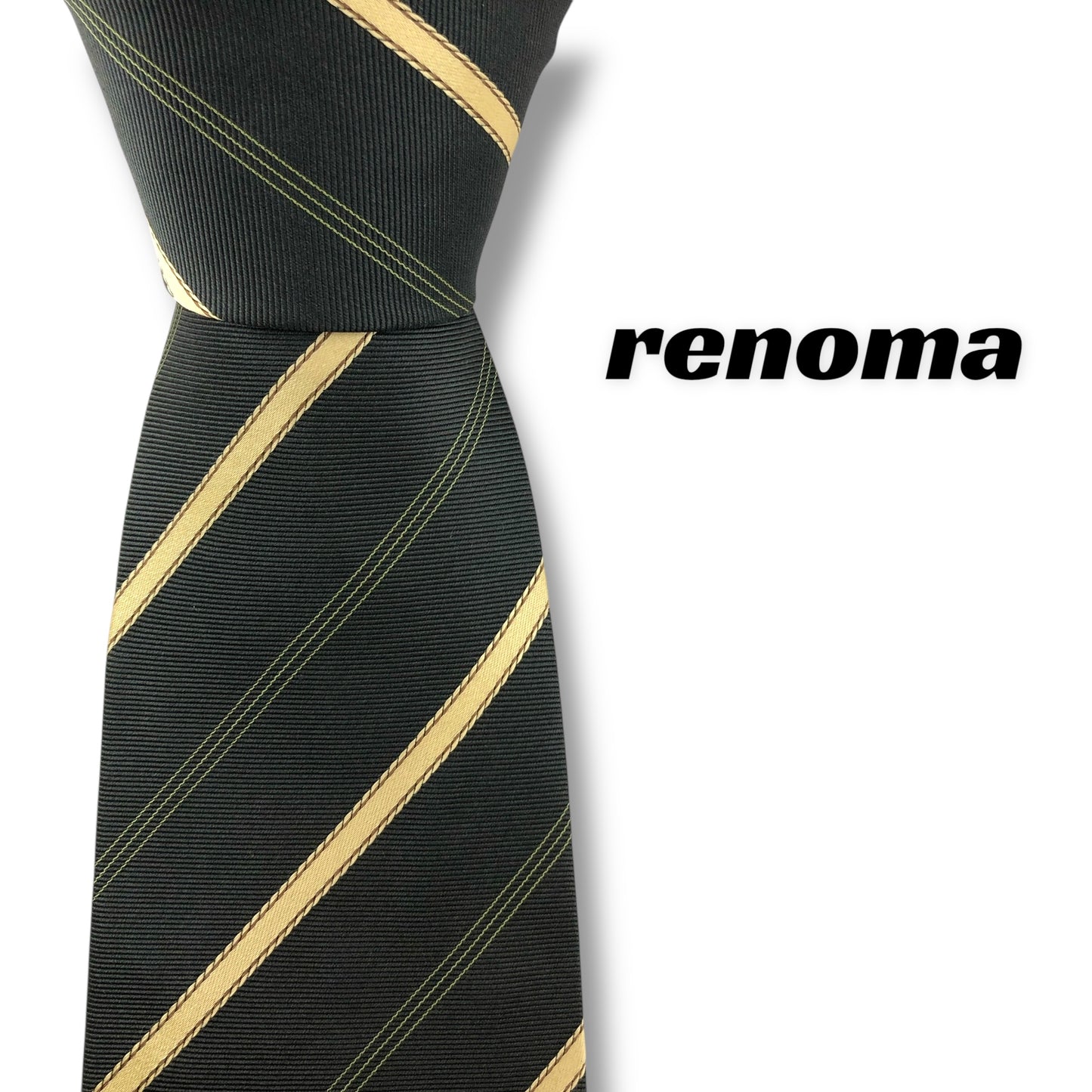 【7670】美品！レノマ　ネクタイ　カーキ系　ストライプ柄