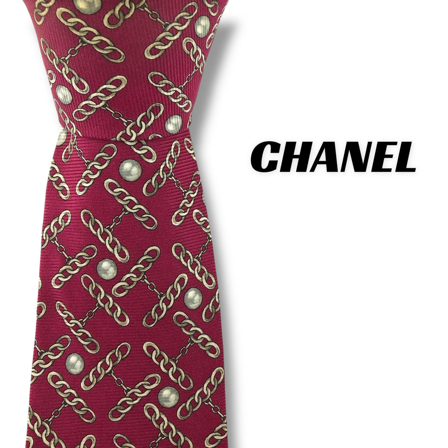 【7672】良品！シャネル　ネクタイ　レッド系　真珠柄　ゴールドチェーン