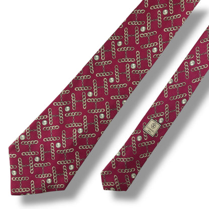 【7672】良品！シャネル　ネクタイ　レッド系　真珠柄　ゴールドチェーン