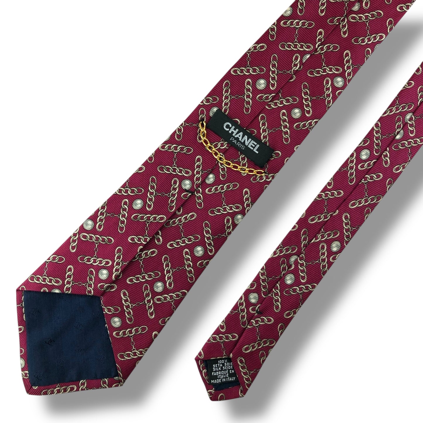 【7672】良品！シャネル　ネクタイ　レッド系　真珠柄　ゴールドチェーン