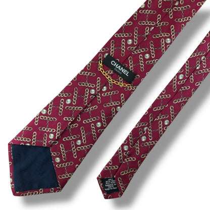 【7672】良品！シャネル　ネクタイ　レッド系　真珠柄　ゴールドチェーン