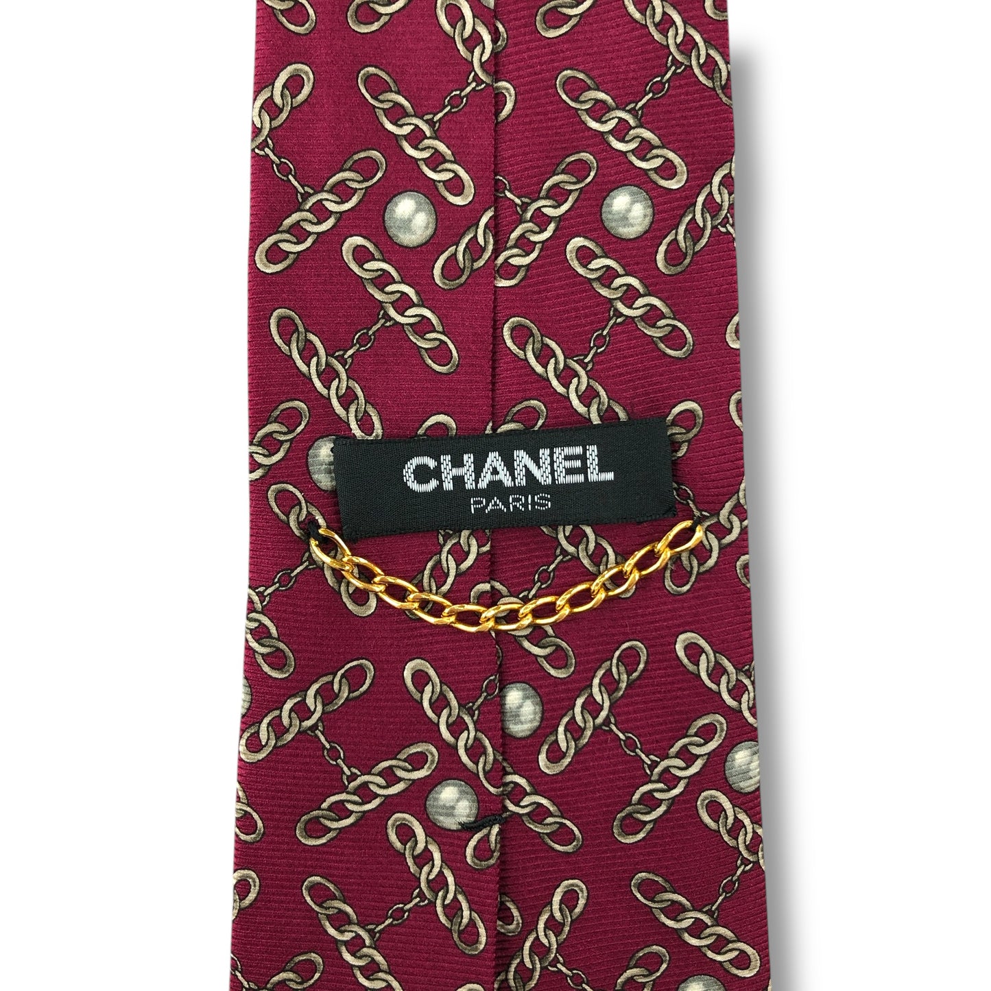 【7672】良品！シャネル　ネクタイ　レッド系　真珠柄　ゴールドチェーン