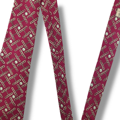 【7672】良品！シャネル　ネクタイ　レッド系　真珠柄　ゴールドチェーン
