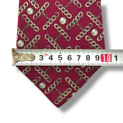 【7672】良品！シャネル　ネクタイ　レッド系　真珠柄　ゴールドチェーン