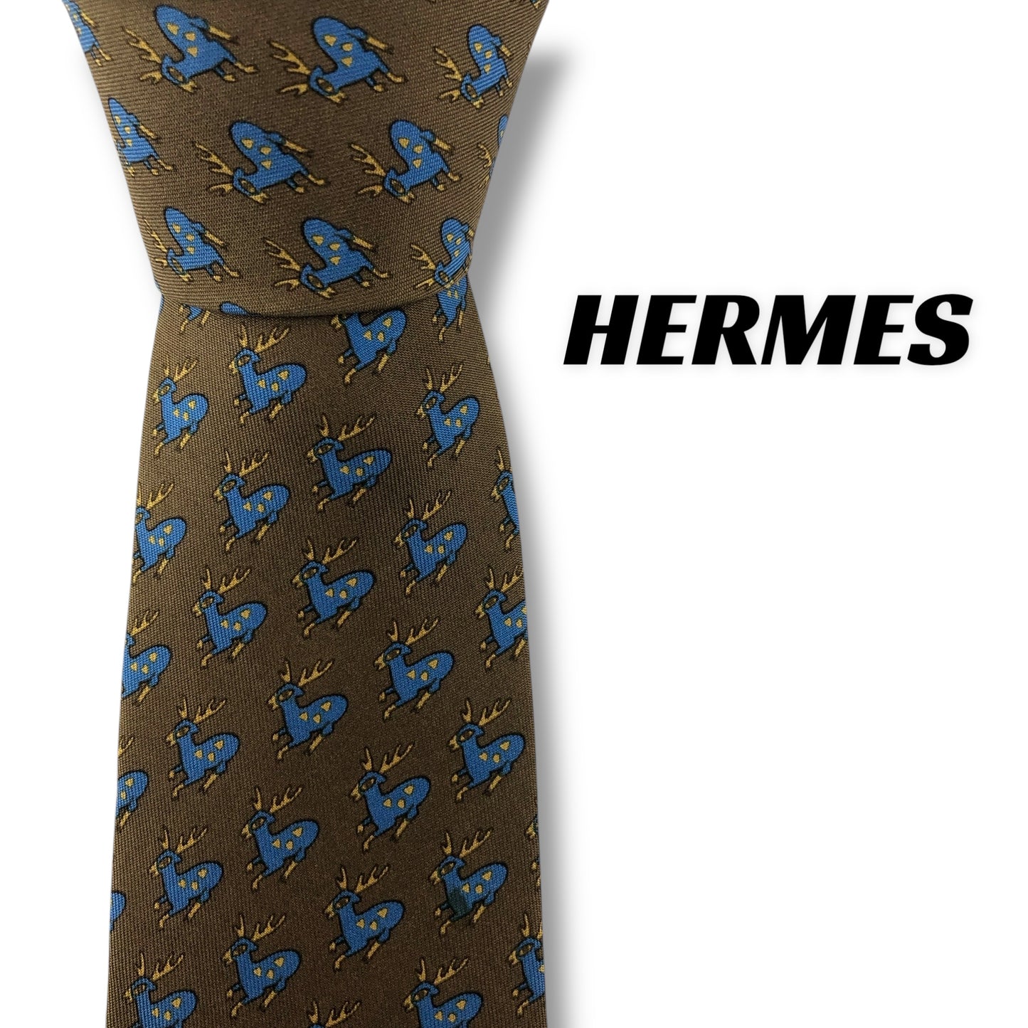 【7687】 良品！エルメス　ネクタイ　ブラウン系　鹿柄