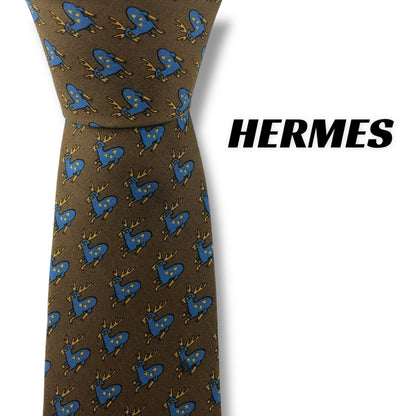 【7687】 良品！エルメス　ネクタイ　ブラウン系　鹿柄