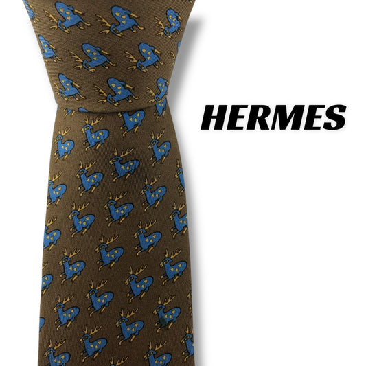 【7687】 良品！エルメス　ネクタイ　ブラウン系　鹿柄