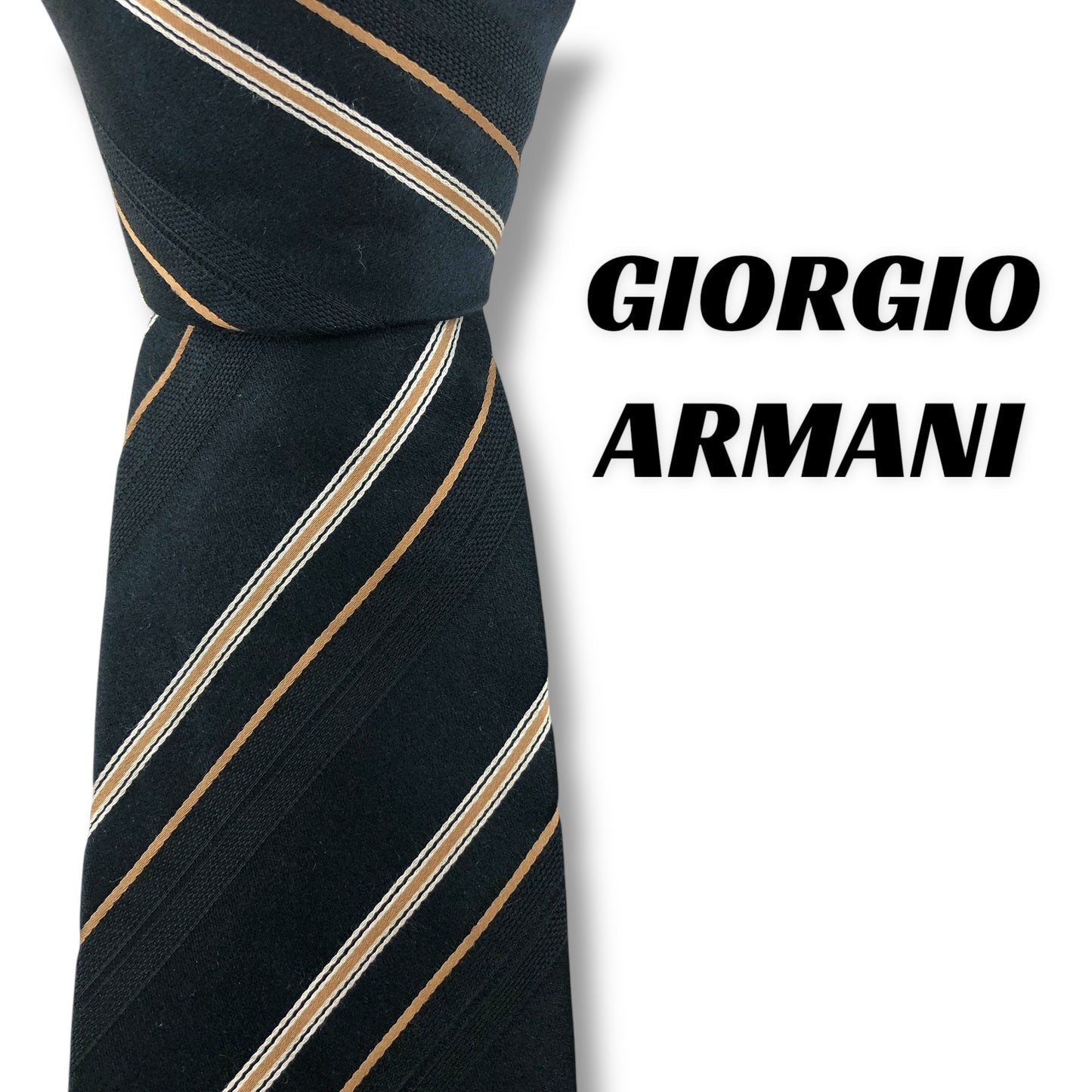【7690】美品！アルマーニ　ネクタイ　ブラック系　ストライプ柄