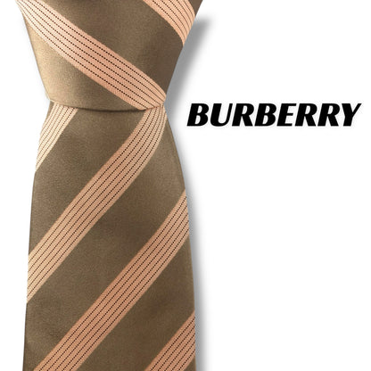 【7698】美品！バーバリー　ネクタイ　ベージュ系　ストライプ柄