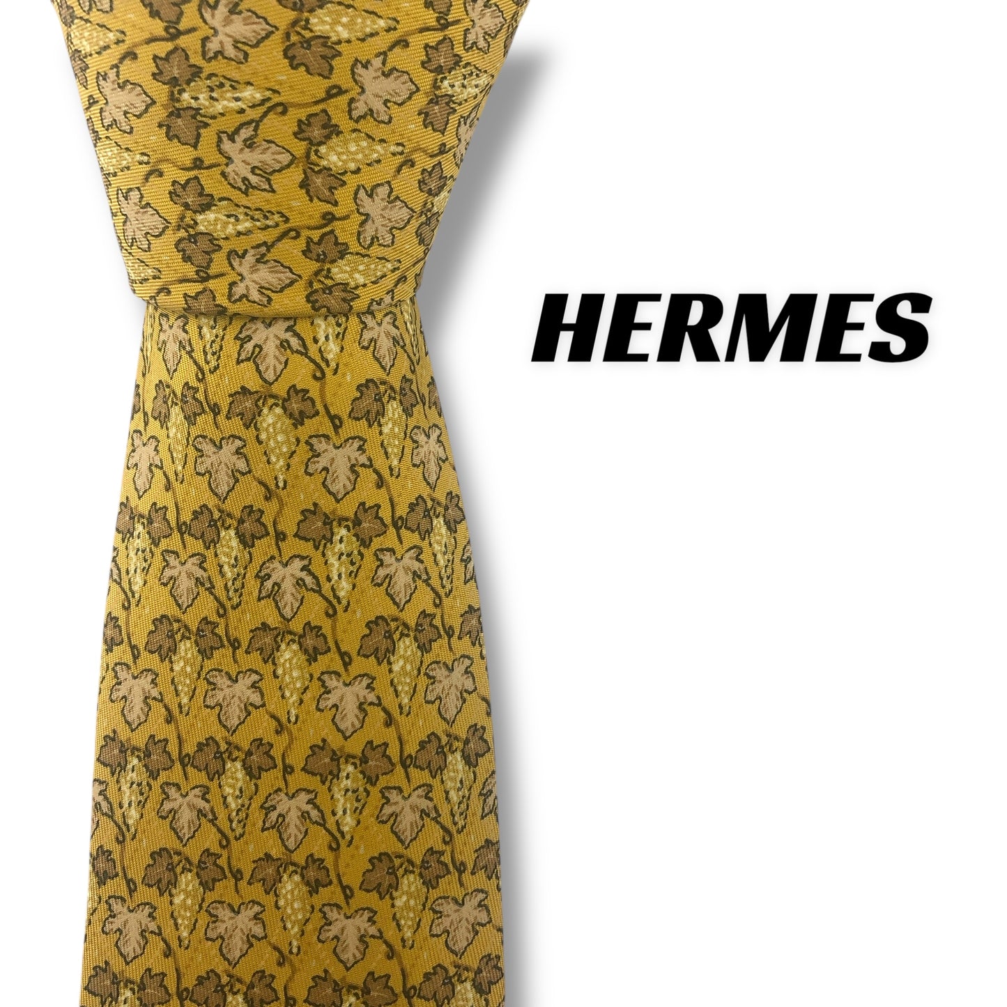 【7709】美品！エルメス　ネクタイ　イエロー　葉っぱ柄