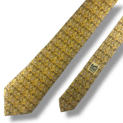 【7709】美品！エルメス　ネクタイ　イエロー　葉っぱ柄