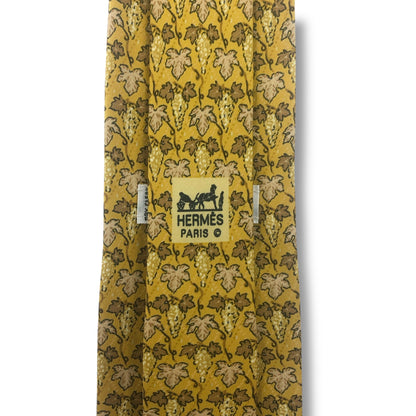 【7709】美品！エルメス　ネクタイ　イエロー　葉っぱ柄