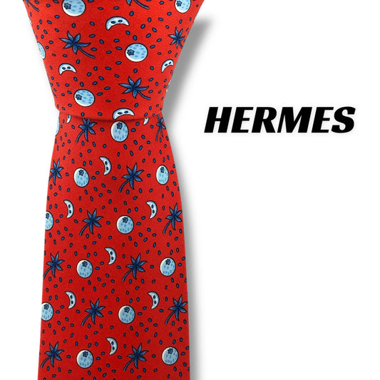 【7714】未使用に近い！エルメス　ネクタイ　レッド系　ヤシの木柄