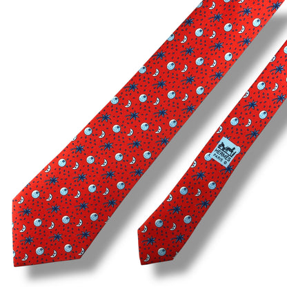 【7714】未使用に近い！エルメス　ネクタイ　レッド系　ヤシの木柄