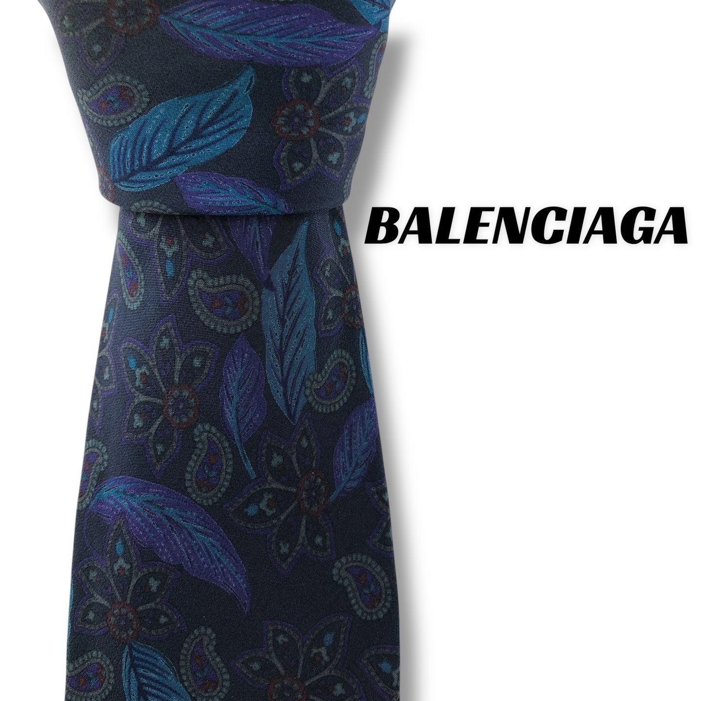 【7716】美品！バレンシアガ　ネクタイ　ネイビー系　植物柄