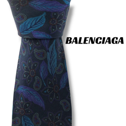 【7716】美品！バレンシアガ　ネクタイ　ネイビー系　植物柄
