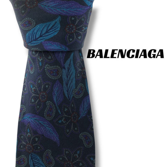 【7716】美品！バレンシアガ　ネクタイ　ネイビー系　植物柄