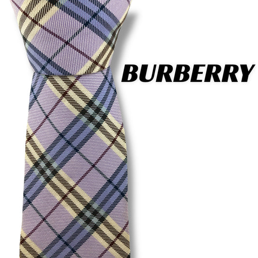 【7728】美品！バーバリー　ネクタイ　パープル系　チェック柄